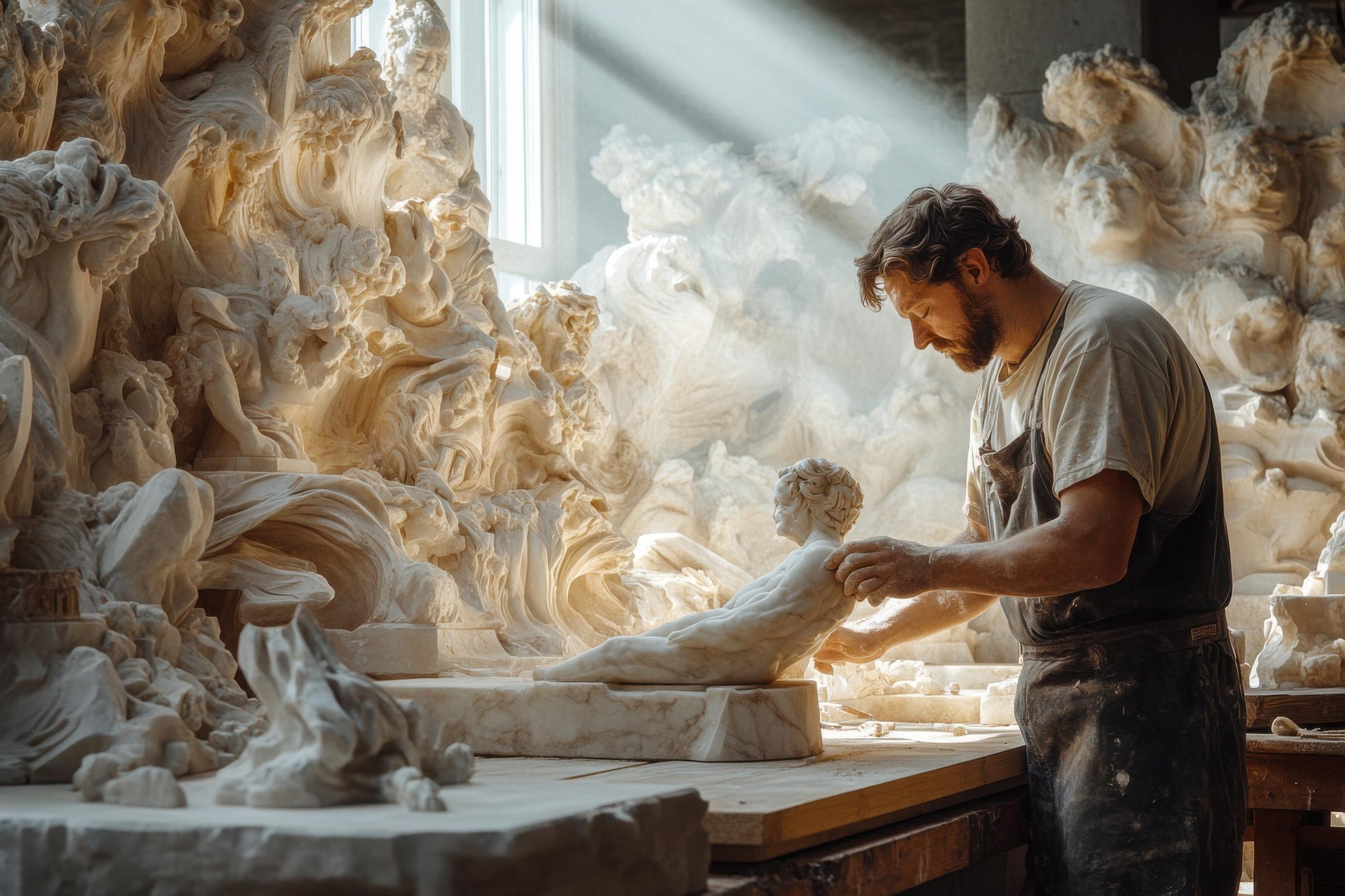 Sculptor carving stone